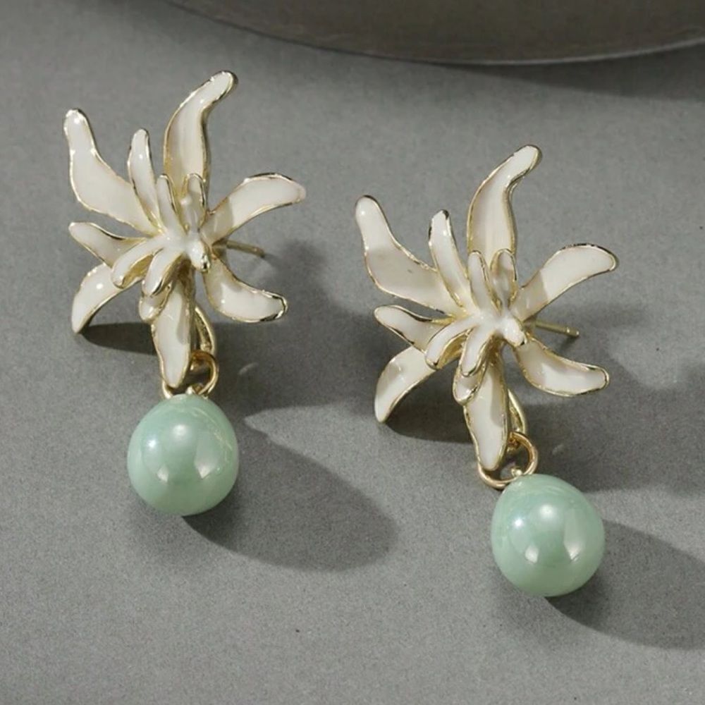 Anthropologie White Enamel Flower Drop Earrings with Mint Green Beads